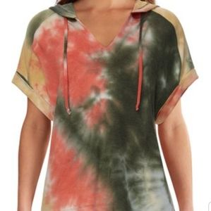 NWT Ruby Rd. Persimmon & Green Tie-Dye Shirt-Sleeve V-Neck Hoodie Size L